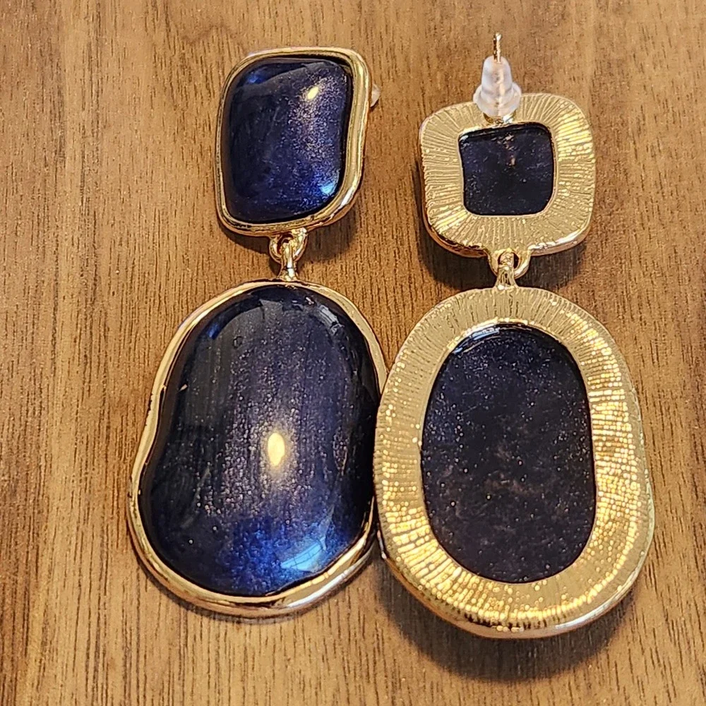 Navy Blue Shimmer Resin Drop Earrings Gold Tone Statement Oval Dangle Jewelry